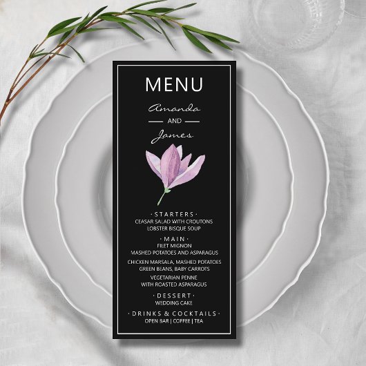 Botanische Paarse Magnolia Waterverf Weddenschap Menu