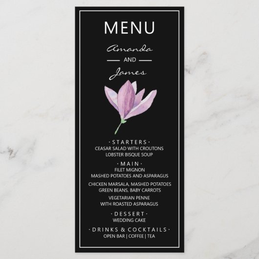 Botanische Paarse Magnolia Waterverf Weddenschap Menu (Voorkant)