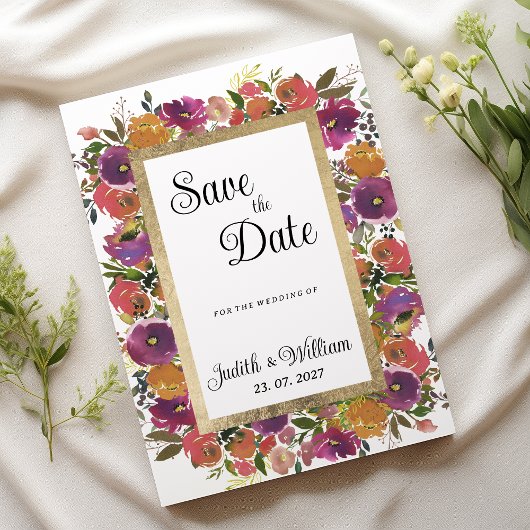 Botanische paarse oranje roze bloesem Save the Dat Kaart