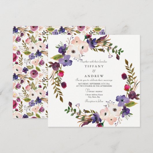 Botanische Paarse roze Floral Wreath Wedding Invit Kaart (Voorkant / Achterkant)