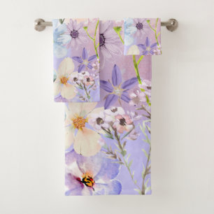 Botanische paarse wilde bloem en hommel bad handdoek