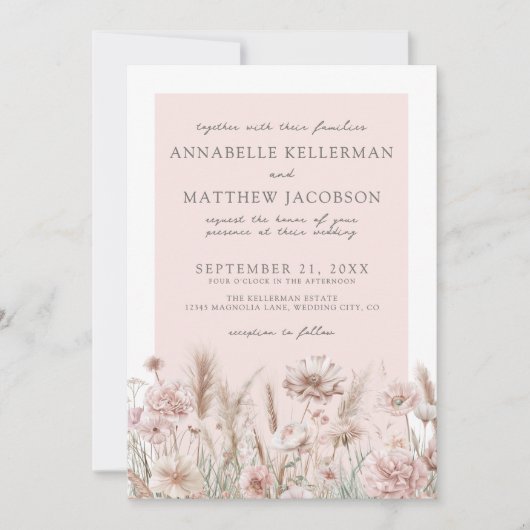 Botanische Pampas Bloemen Blush Roze Boho Huwelijk Kaart (Voorkant)