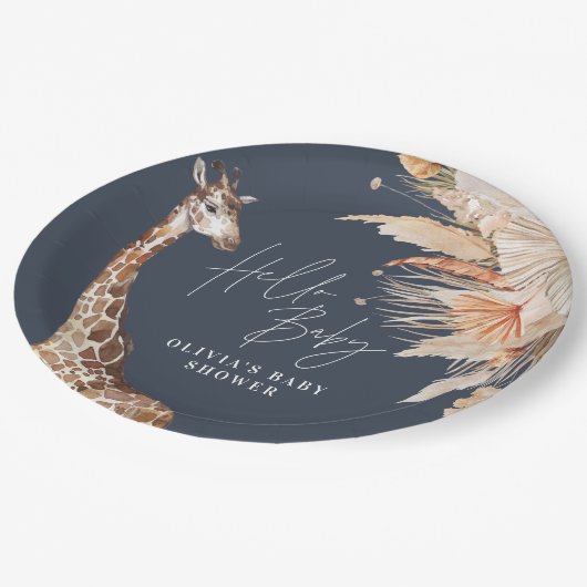 Botanische pampas grasgiraffe safari blauw papieren bordje (Gekanteld)