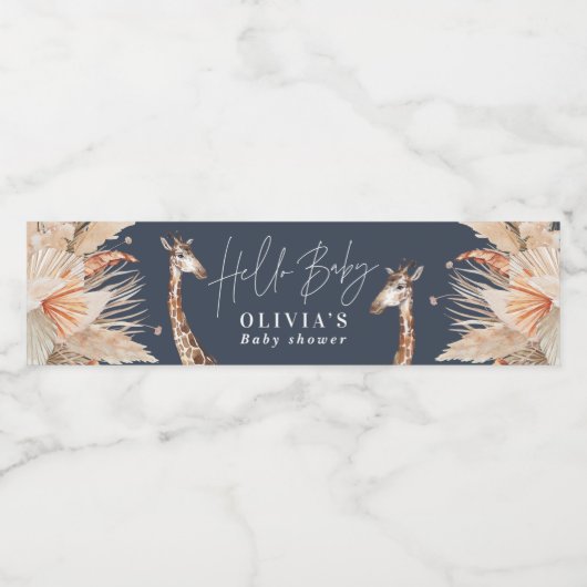 Botanische pampas grasgiraffe safari blauw waterfles etiket (Enkel label)