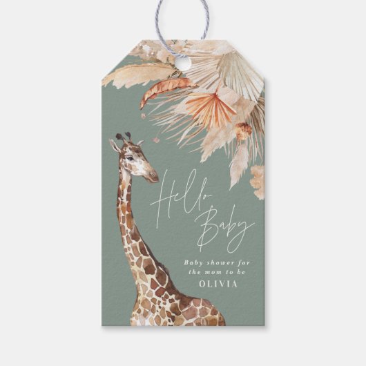 Botanische pampas grasgiraffe safari groene cadeaulabel (Voorkant)