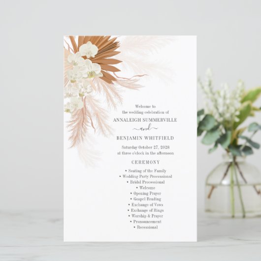 Botanische Pampas Grass Terracotta Wedding Program (Staand voorkant)