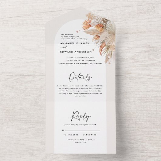 Botanische pampasgrasbruiloft in één keer all in one uitnodiging (Binnen)