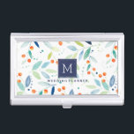 Botanische patronen Waterverven Visitekaarthouder<br><div class="desc">Elegant kleurrijke waterverven pasteltonen botanisch naadloos patroon met een witte achtergrond,  aanpasbaar monogram en marineblauw accent.  bruiloft planner sjabloon.</div>