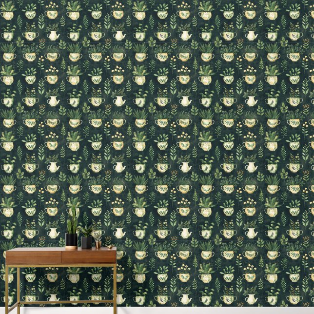 Botanische Patroon Bloempotten Plant Lovers Groen Behang (Hal)