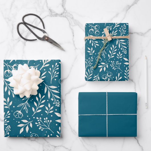 Botanische Patroon Deep Blue - Wrapping Paper Set (Voorkant)