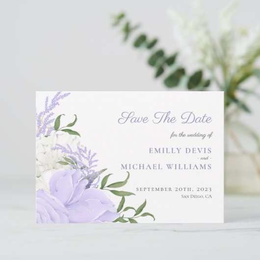 Botanische Periwinkle Waterverf Bruiloft Save The Date (Staand voorkant)