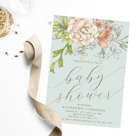  botanische perzik & blauw bloemig Baby shower Kaart