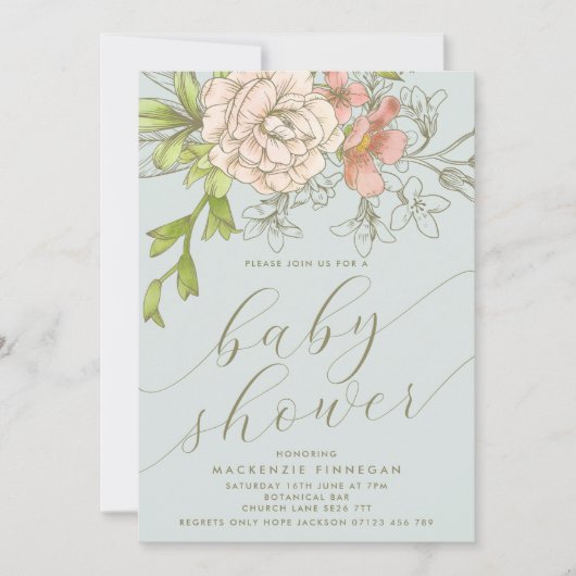 botanische perzik & blauw bloemig Baby shower Kaart (Voorkant)