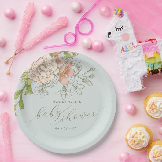  botanische perzik & blauw bloemig Baby shower Papieren Bordje (Feest)