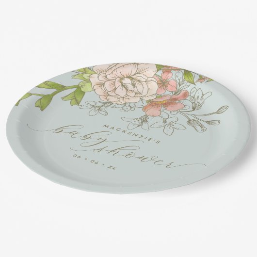  botanische perzik & blauw bloemig Baby shower Papieren Bordje (Gekanteld)