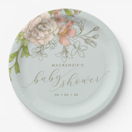  botanische perzik & blauw bloemig Baby shower Papieren Bordje
