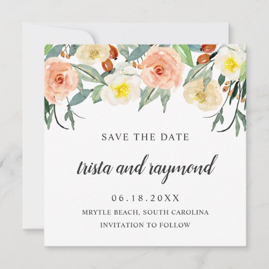 Botanische Perzik Bloemige Waterverfrozen Save The Date (Voorkant)
