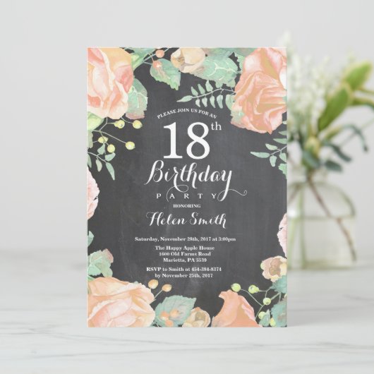 Botanische perzik Floral 18e verjaardag uitnodigin Kaart (Staand voorkant)