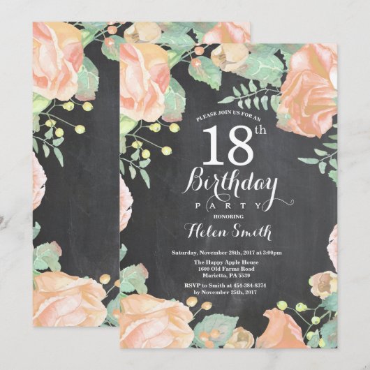 Botanische perzik Floral 18e verjaardag uitnodigin Kaart (Voorkant / Achterkant)
