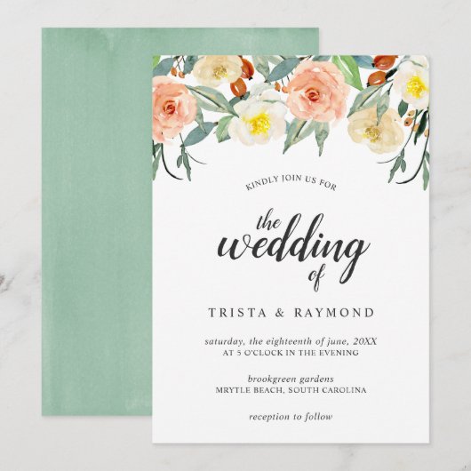 Botanische perzikWaterverf Rozen Kaart (Voorkant / Achterkant)