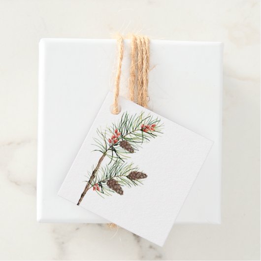 Botanische pijnboomtak en bessen Holiday Gift Labe Bedankjes Labels (In situ)