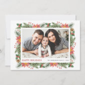 Botanische Pine Naalden en Poinsettia Foto Feestdagenkaart (Voorkant)