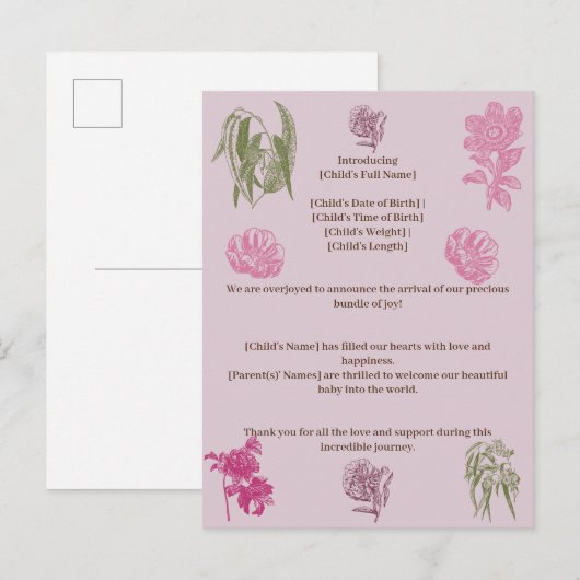 Botanische Pioen Eucalyptus Meisje Geboorte Aankon Uitnodiging Briefkaart (Voorkant / Achterkant)
