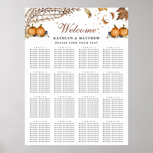 Botanische Pompoen Herfst Bruiloft 16 Tafel Zitpla Poster (Voorkant)