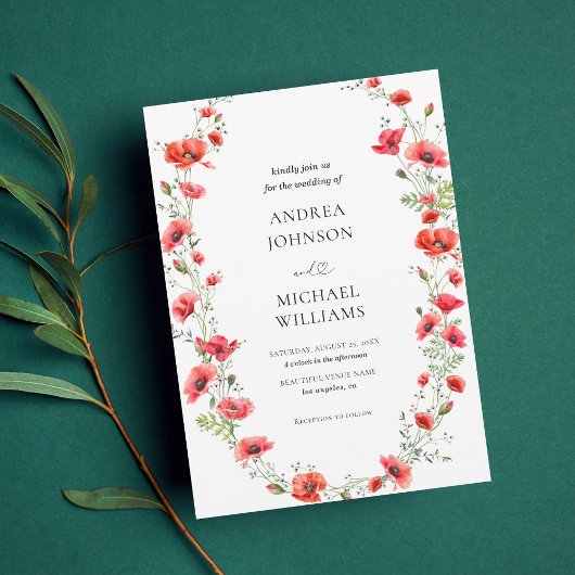 Botanische Poppy Lijst Bloemen Heart Script Weddin Kaart