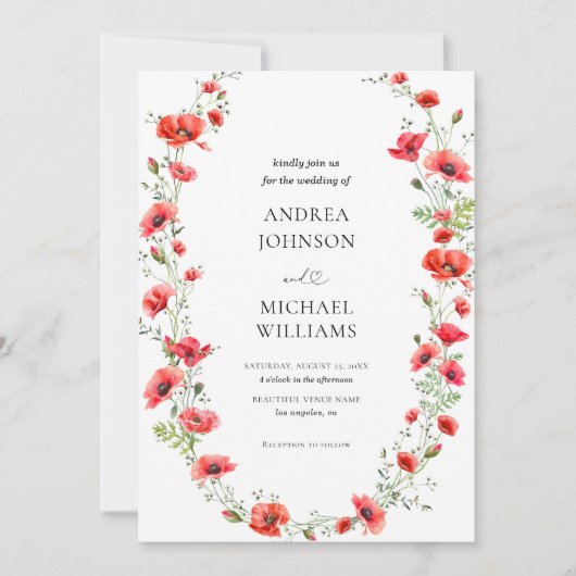 Botanische Poppy Lijst Bloemen Heart Script Weddin Kaart (Voorkant)