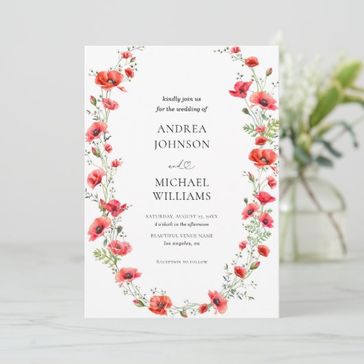 Botanische Poppy Lijst Bloemen Heart Script Weddin Kaart (Staand voorkant)