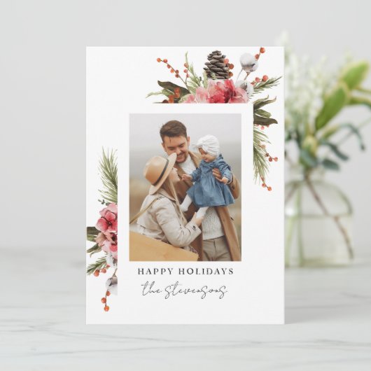 Botanische Prettige feestdagen Foto gepersonalisee Feestdagenkaart (Staand voorkant)