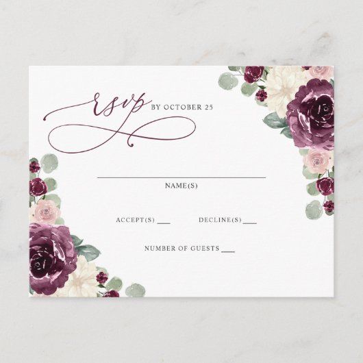 Botanische Pruim Goud Bloemen Bruiloft RSVP Briefkaart (Voorkant)