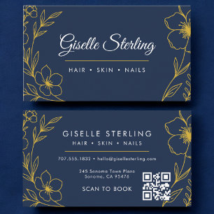 Botanische QR-code Navy Blue Gold Beauty Salon Visitekaartje