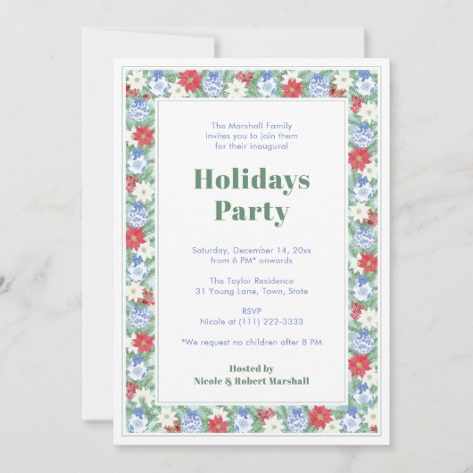 Botanische Rand Blauw Wit Rode Feestdagen Partij Kaart (Voorkant)