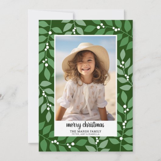 Botanische Rand met Fotoscript Vrolijk Kerstfeest Feestdagenkaart (Voorkant)