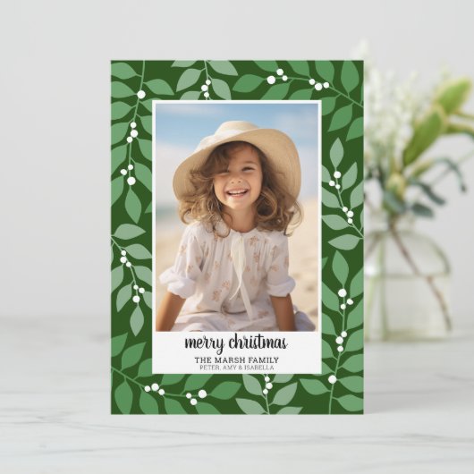 Botanische Rand met Fotoscript Vrolijk Kerstfeest Feestdagenkaart (Staand voorkant)