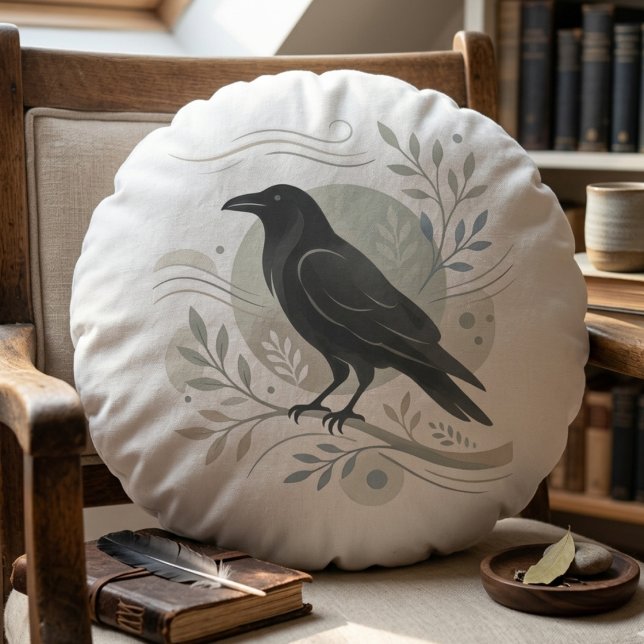 Botanische Raven Kunst Woud Geest Bewaker Rond Kussen (Minimalist botanical raven pillow)