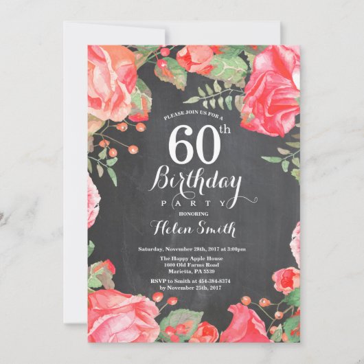 Botanische Red Floral 60th Birthday Invitation Kaart (Voorkant)