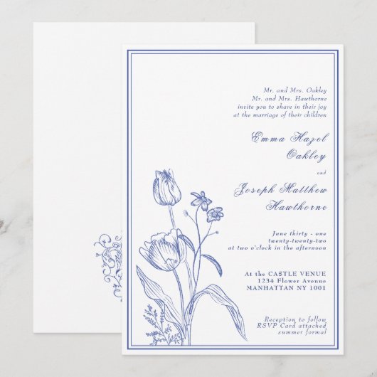 Botanische Regency  pastelblauw huwelijk Kaart (Voorkant / Achterkant)