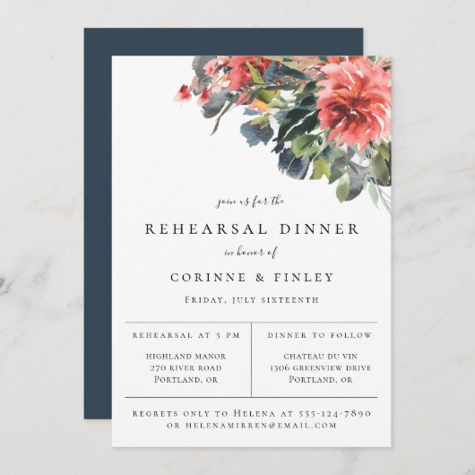 Botanische repetitie van Navy Coral Dinner Aankondiging (Voorkant / Achterkant)
