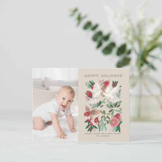 Botanische Rode & Beige bloemen & duiven Feestdagenkaart (Staand voorkant)