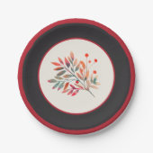 Botanische rode bessen streep en bladeren papieren bordje (Voorkant)