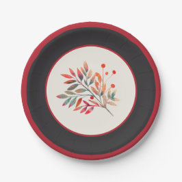 Botanische rode bessen streep en bladeren papieren bordje