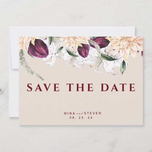 botanische rode en witte bloemstuk bruiloft save the date (Voorkant)