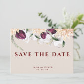 botanische rode en witte bloemstuk bruiloft save the date (Staand voorkant)