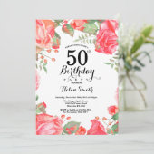 Botanische Rode Floral 50e verjaardag uitnodiging (Staand voorkant)