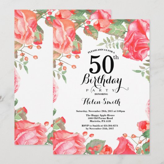 Botanische Rode Floral 50e verjaardag uitnodiging (Voorkant / Achterkant)