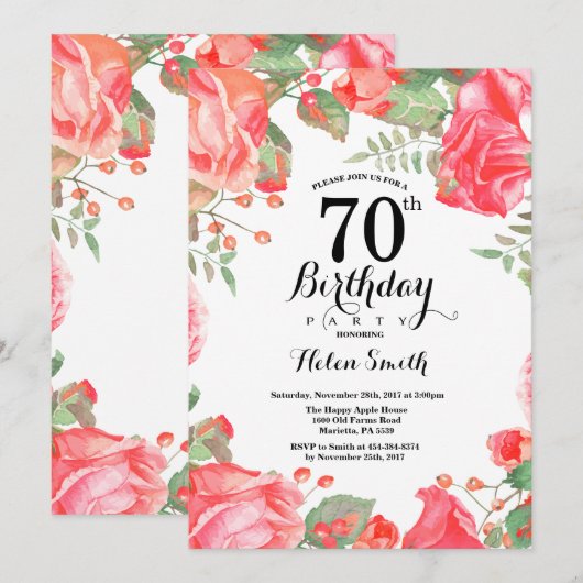 Botanische Rode Floral 70e verjaardag uitnodiging (Voorkant / Achterkant)