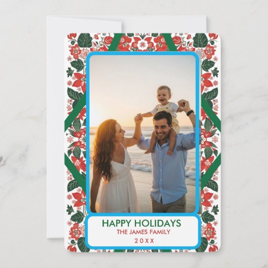 Botanische Rode & Groene Folk Art Bloemen Kerstmis Feestdagenkaart (Voorkant)